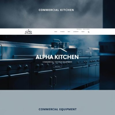 create a image for commercial kitchen equipment's to showcase on website. brand name is alpha kitchen and colour combinations should blue and black